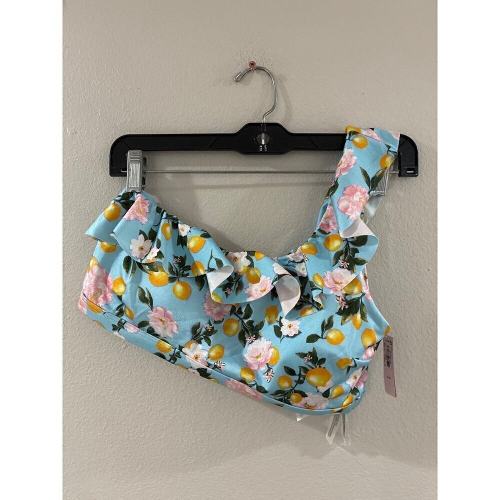 Victoria’s Secret One Shoulder Brazilian Ruffle Bikini Large Blue W/Lemons NWT